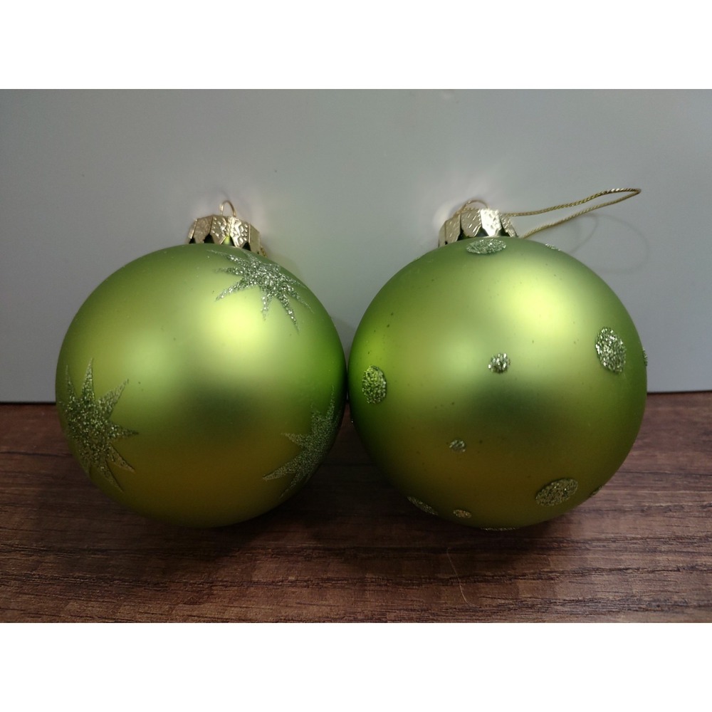 Seasons of Cannon Falls Chartreuse Green Glass Christmas Ornament Glitter Stars